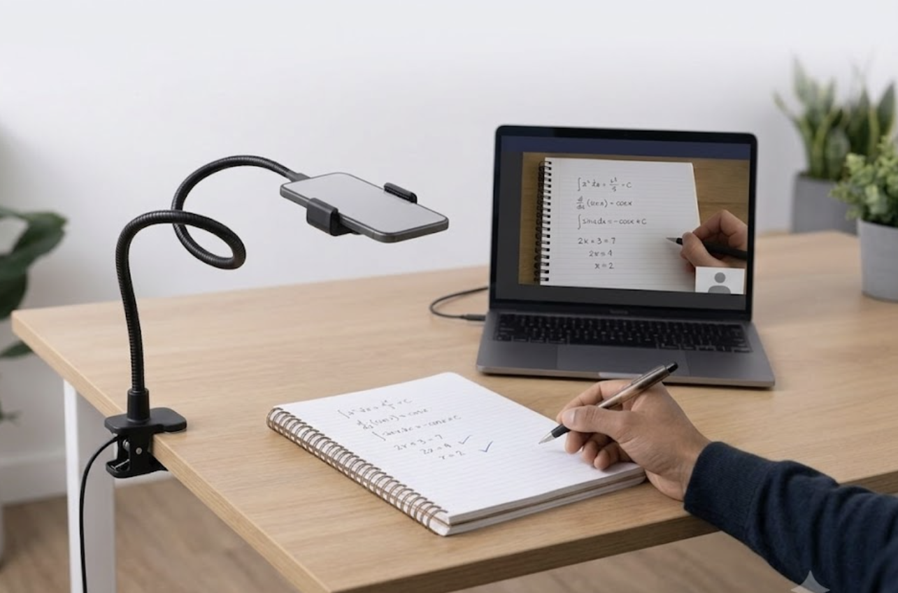 A phone on a flexible arm above a notebook, the page showing live on the laptop